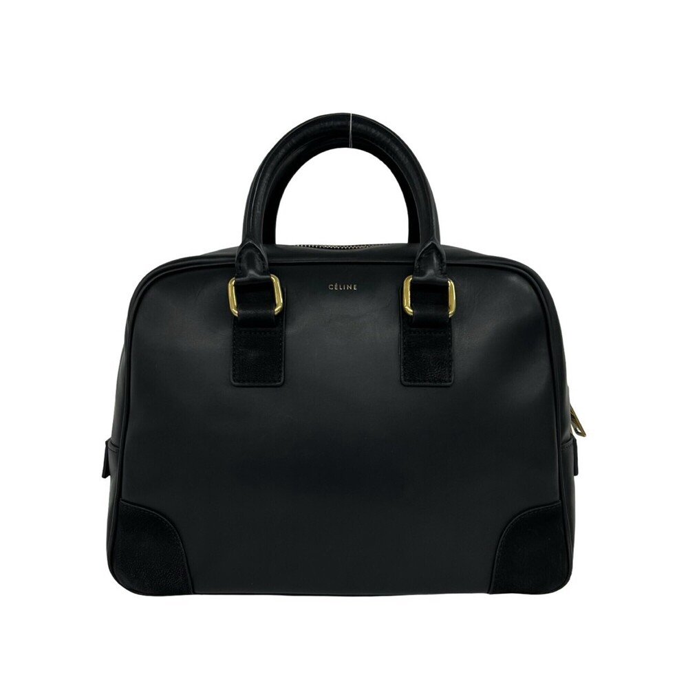 CELINE Logo Suede Leather Round Zip Handbag Mini Boston Bag Black 87020